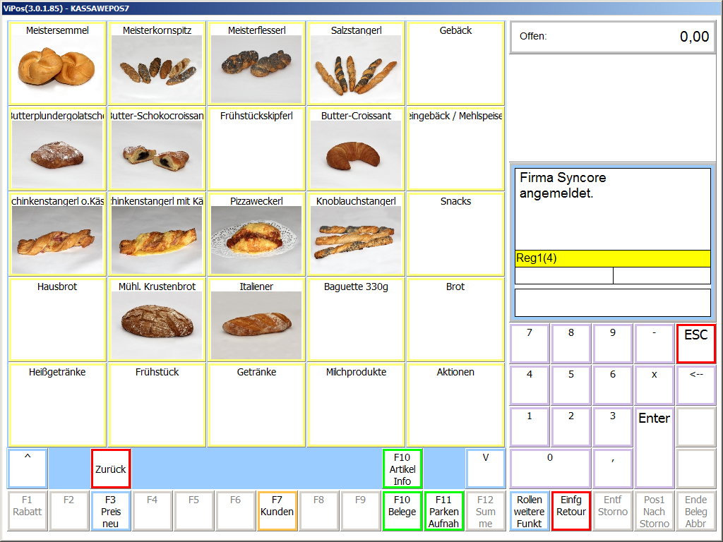 Screenshot Bäckerei Kassensoftware