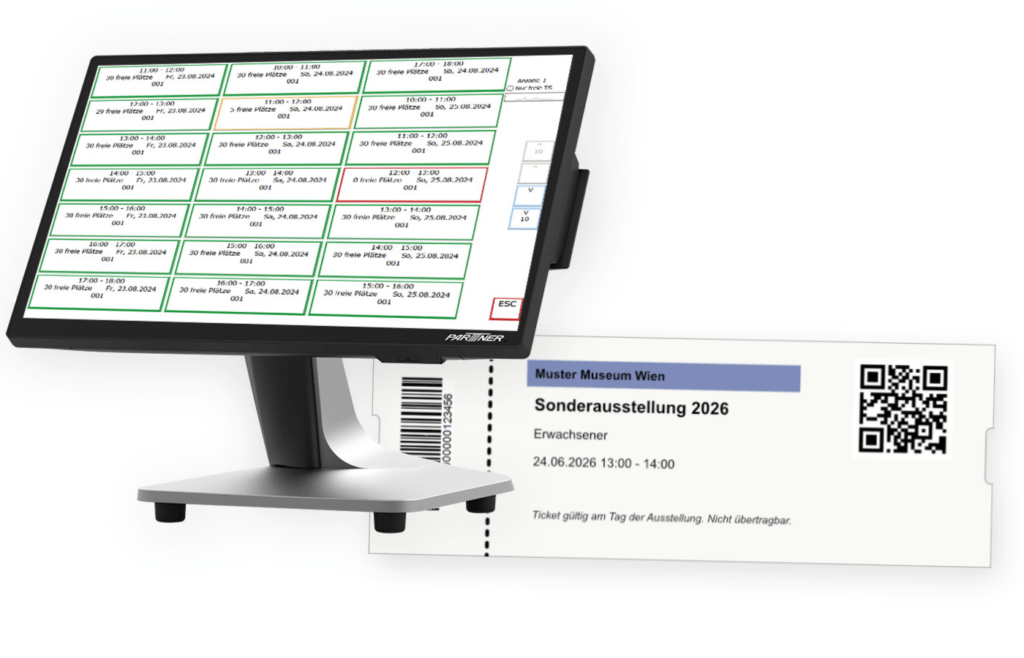 kassensystem mit ticketfunktion Timslot Maske mit gedrucktem Ticket